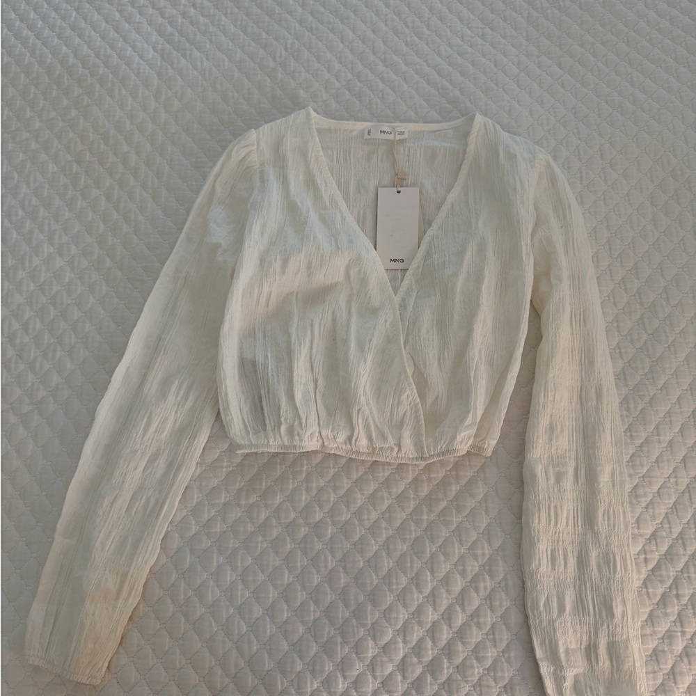 Mango Cream Textured V-Neck Blouse